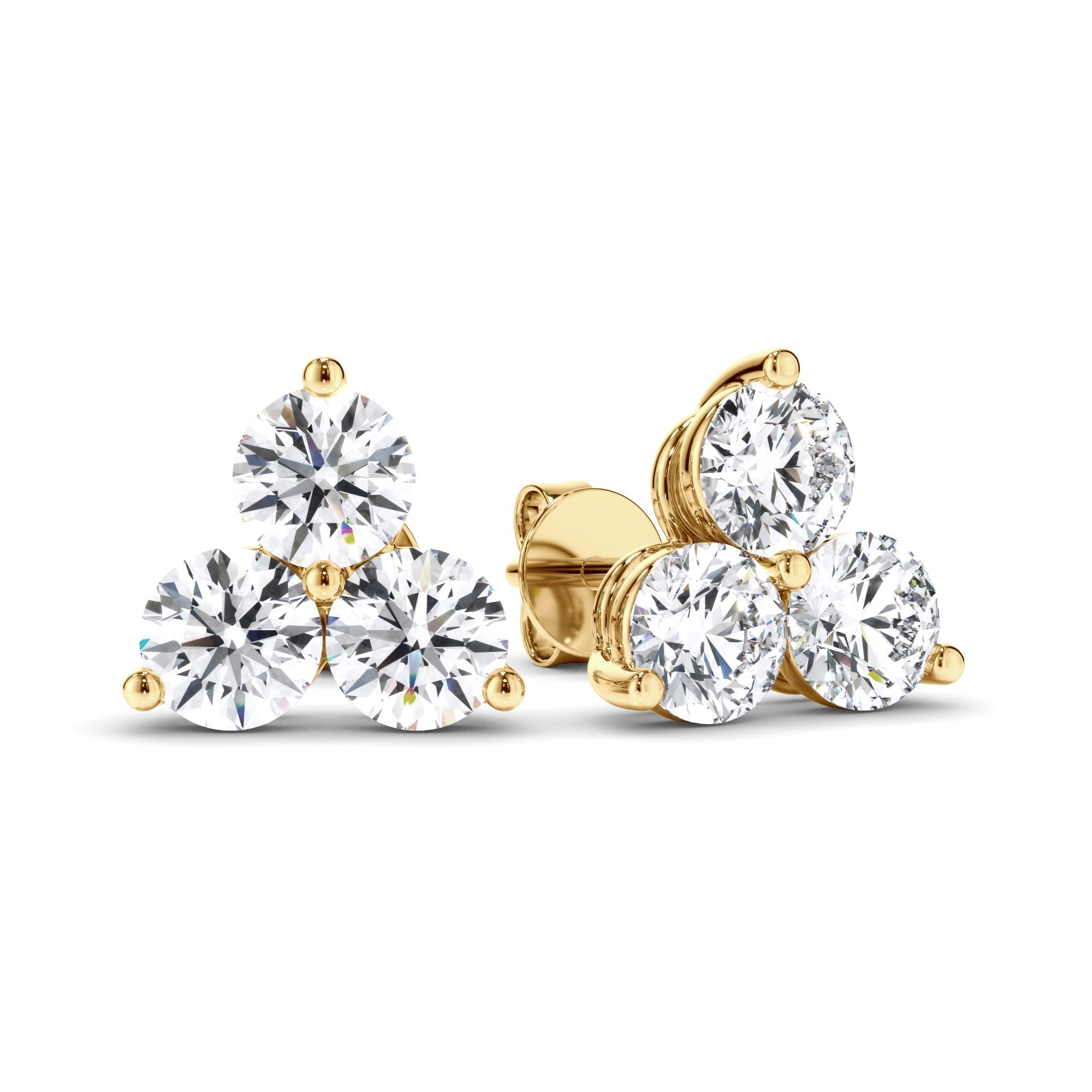 Round Brilliant Cut Diamond 3-Stone Stud Earrings