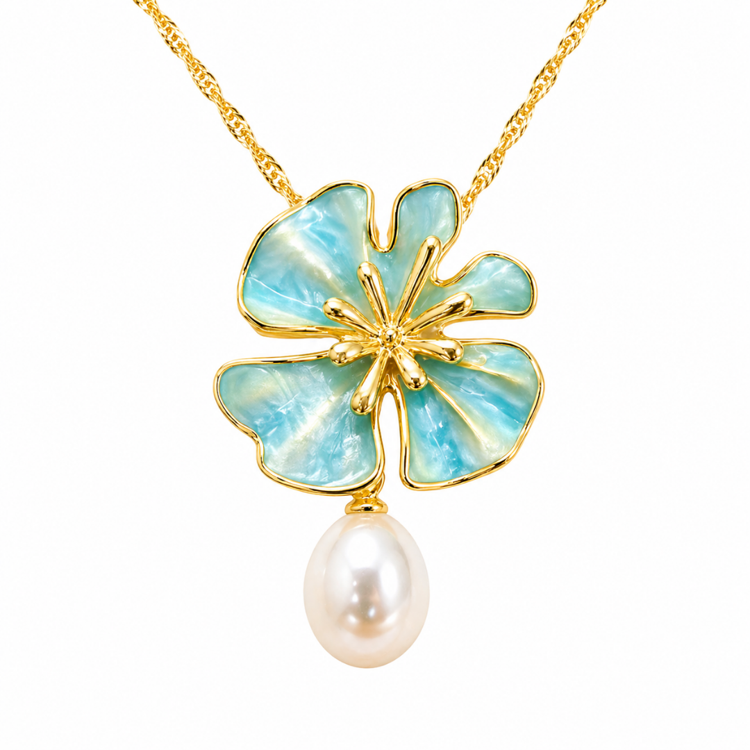 Gold Plated Sterling Silver Pearl & Blue Enamel Pendant