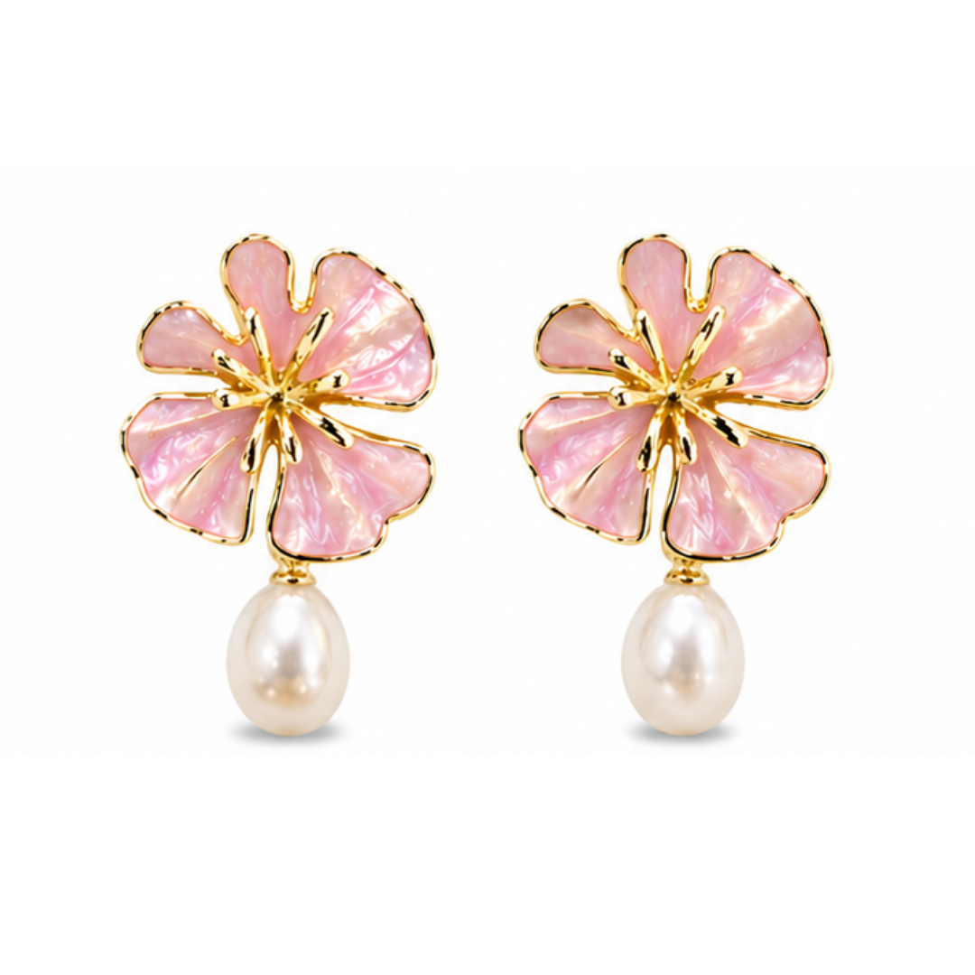 Gold Plated Sterling Silver Pearl & Pink Enamel Earrings