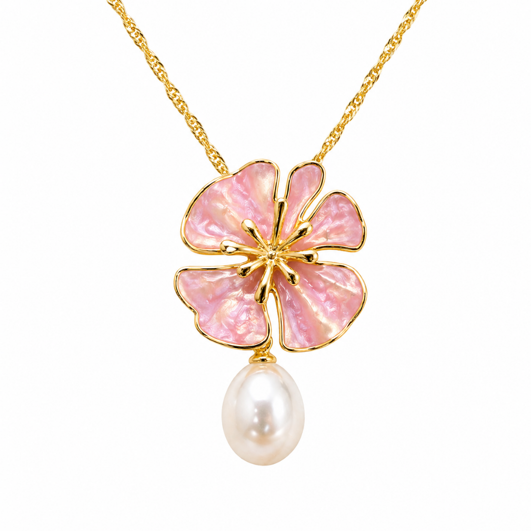 Gold Plated Sterling Silver Pearl & Pink Enamel Pendant