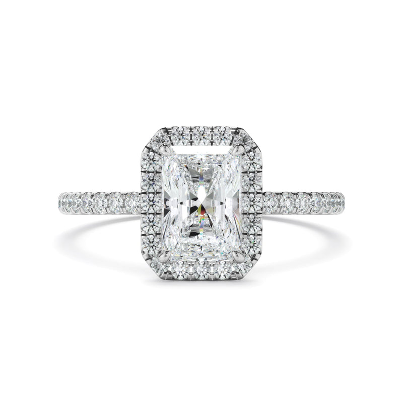 Radiant Cut Diamond Halo Engagement Ring With Pave Band