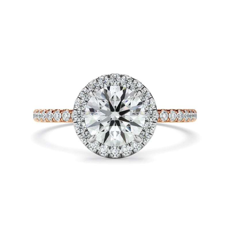 Round Brilliant Cut Diamond Halo Engagement Ring With Pave Band