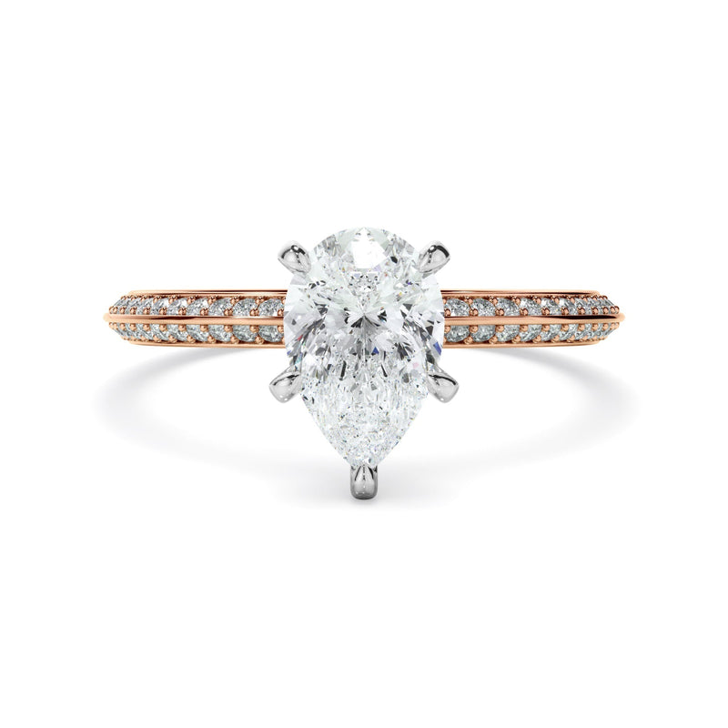 Pear Cut Diamond Knife Edge Engagement Ring With Diamond Pave Sides