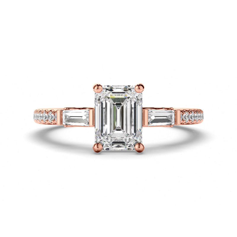 Emerald Cut Diamond Engagement Ring with Baguette & Pave Sides