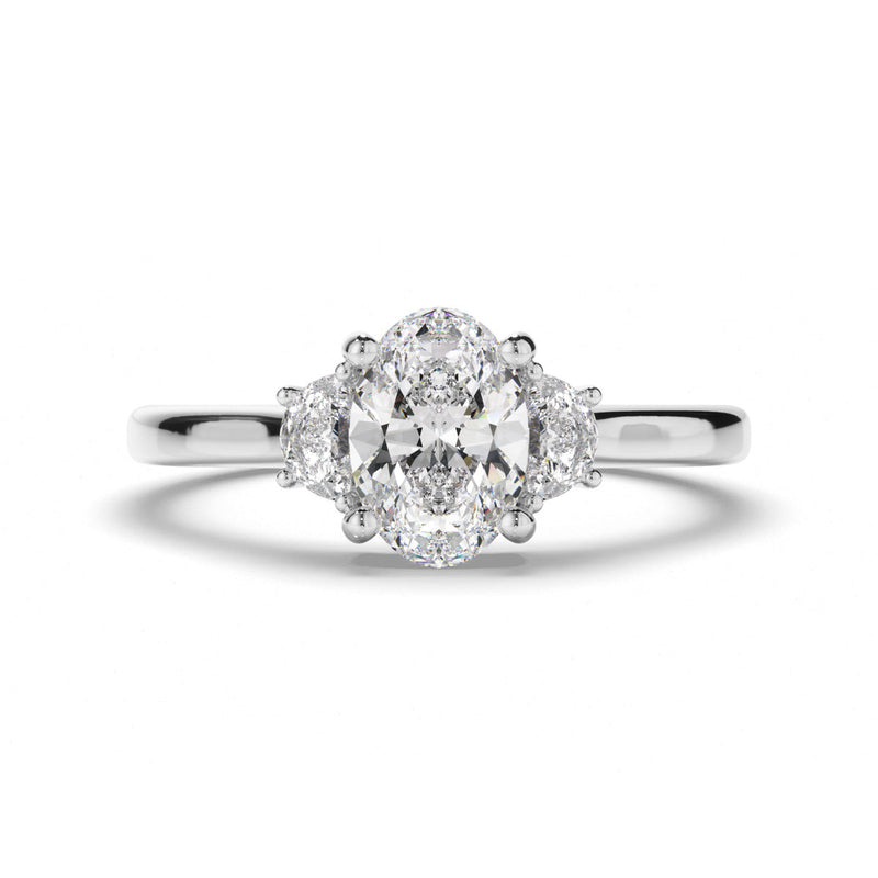 Oval Cut Diamond Trilogy Engagement Ring with Half Moon Sides