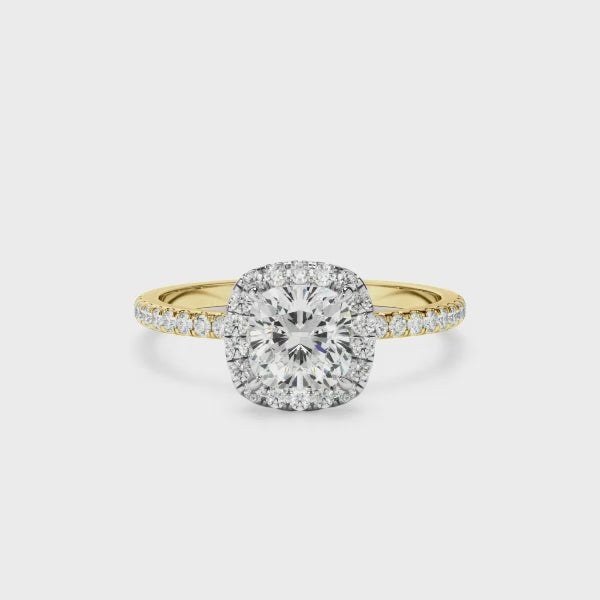 Cushion Cut Diamond Halo Engagement Ring With Pave Band