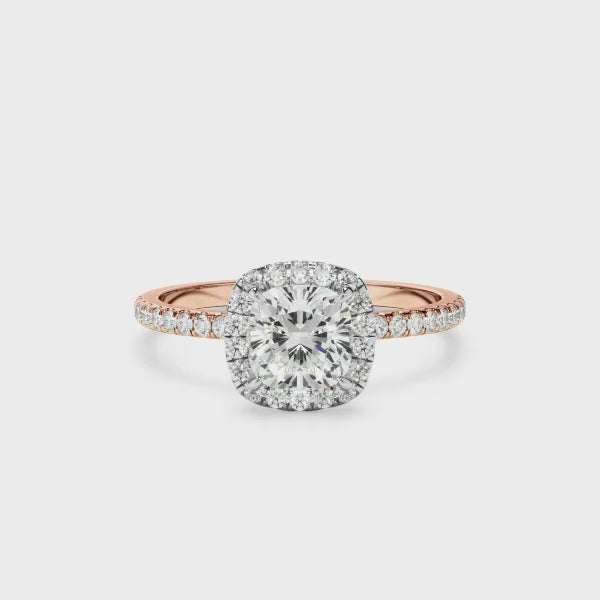 Cushion Cut Diamond Halo Engagement Ring With Pave Band