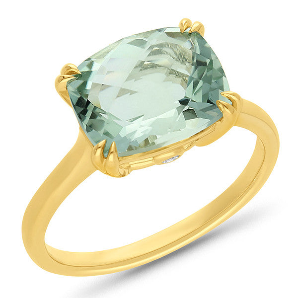 Green Amethyst & Diamond Ring in 9ct Yellow Gold