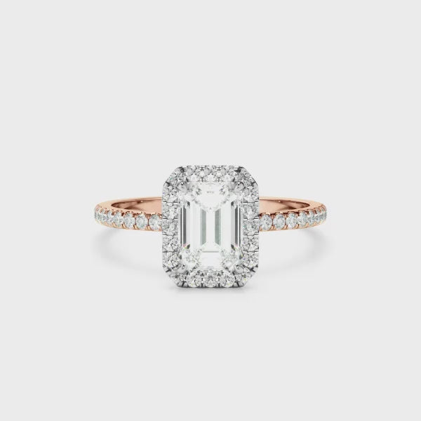 Emerald Cut Diamond Halo Engagement Ring With Pave Band