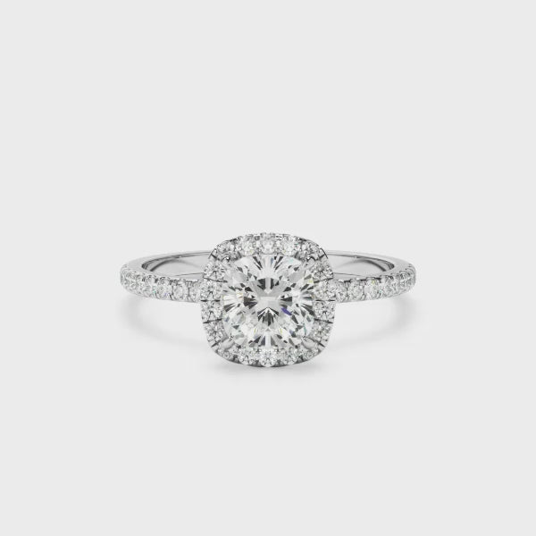 Cushion Cut Diamond Halo Engagement Ring With Pave Band