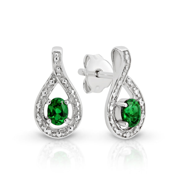 Silver created emerald & diamond earrings