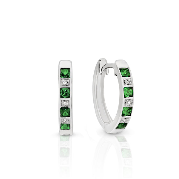 Silver created emerald & diamond earrings