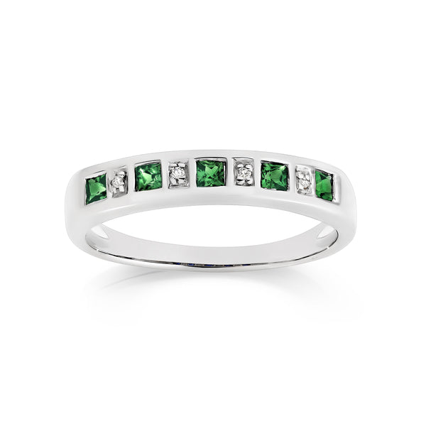 Silver created emerald & diamond ring