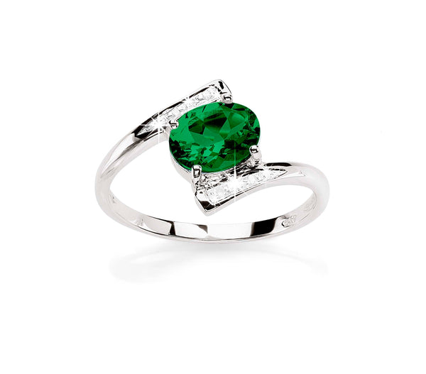 Silver created emerald & diamond ring