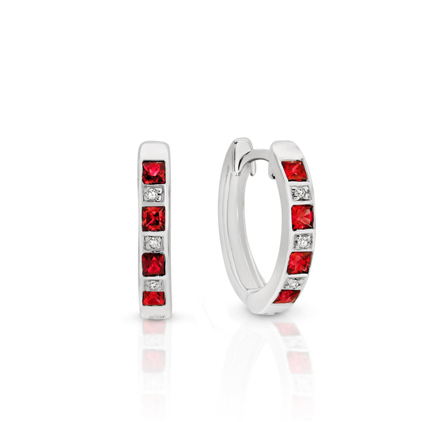 Silver created ruby & diamond earrings