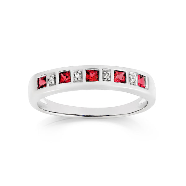Silver created ruby & diamond ring
