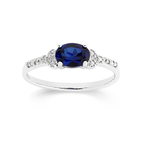 Silver created sapphire & diamond ring
