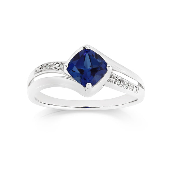 Silver created sapphire & diamond ring