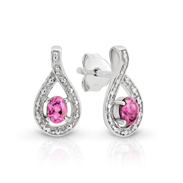 Silver created pink sapphire & diamond earrings