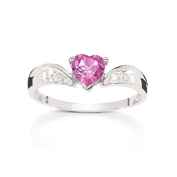 Silver created pink sapphire & diamond ring