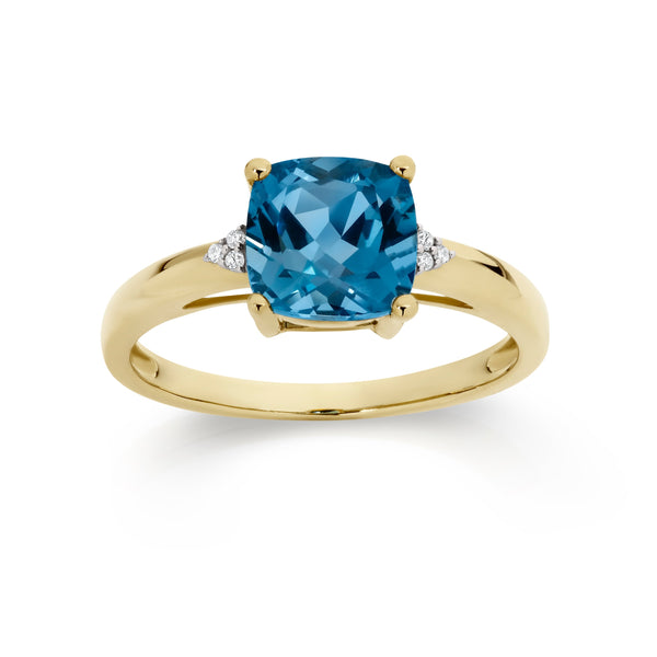 9ct gold london blue topaz & diamond ring