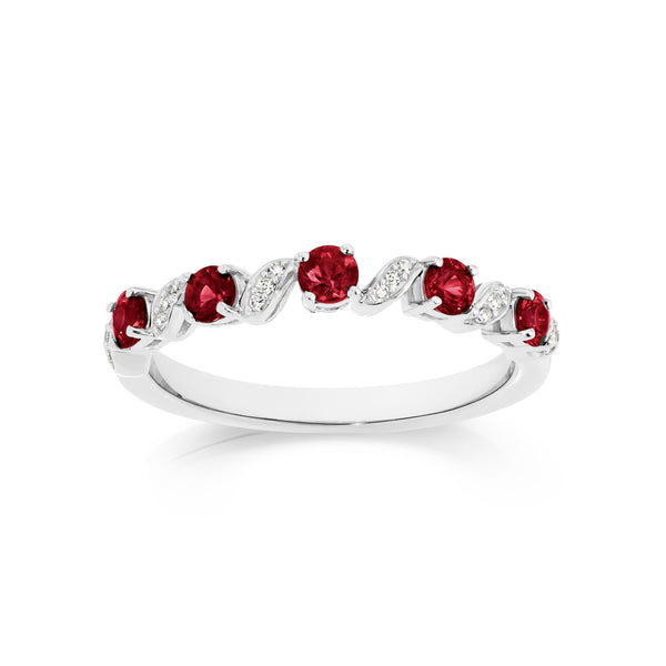 9ct white gold ruby anniversary ring with curved diamond settings