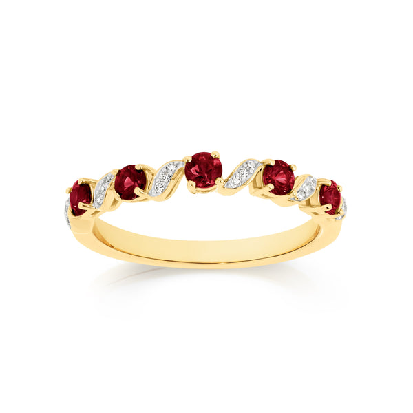 9ct ruby anniversary ring withcurved diamond settings