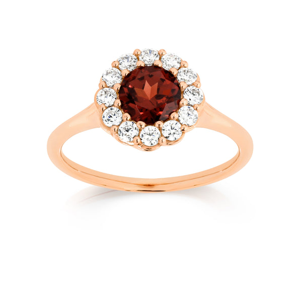 9ct rose gold garnet halo ring with upswept setting