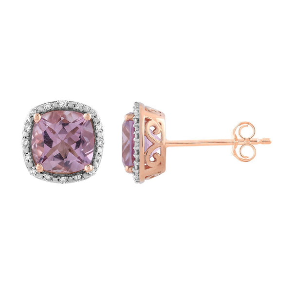 9ct Rose Gold 0.10ct Diamond Pink Amethyst Earrings