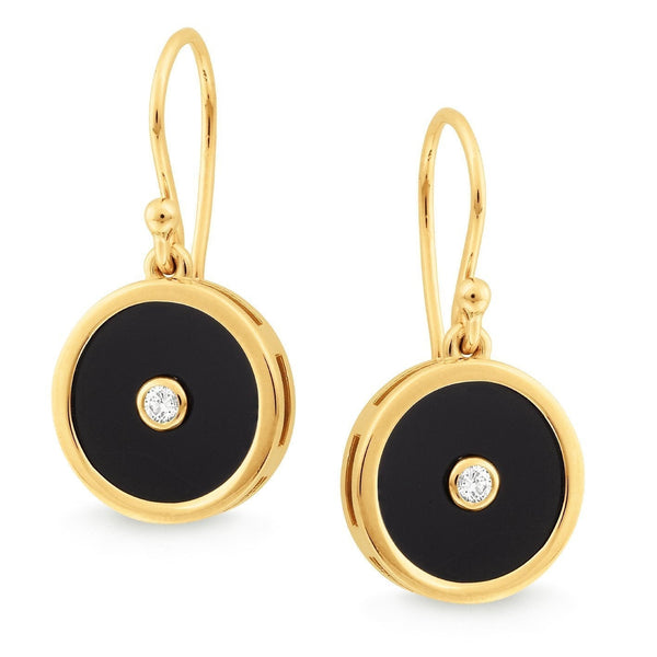 Onyx & Diamond Bezel Set Shepherd Hook Earrings in 9ct Yellow Gold