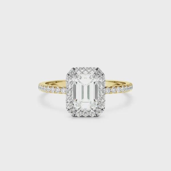 Emerald Cut Diamond Halo Engagement Ring With Pave Band