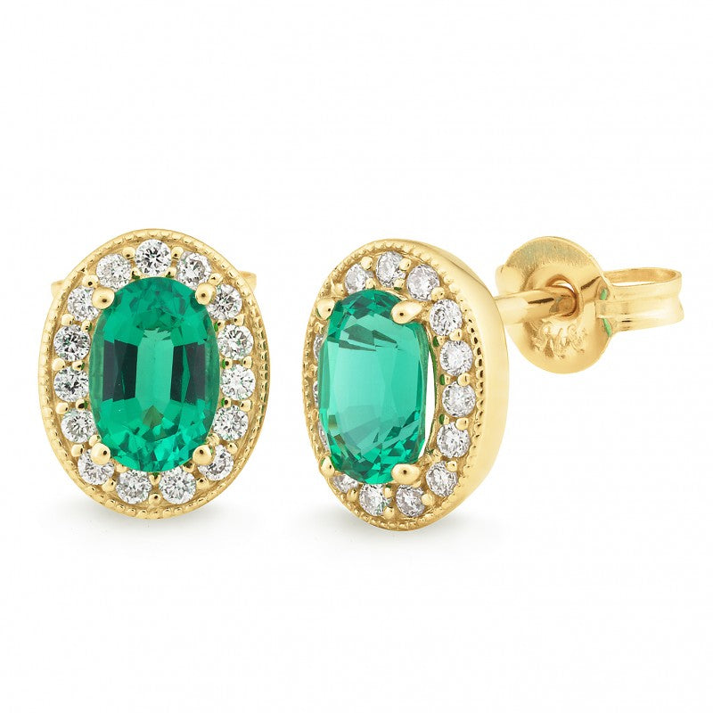 Created Emerald & Diamond Claw-Bead Set Stud Earrings in 9ct Yellow Gold