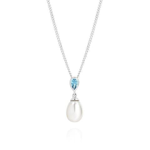 9ct White Gold Freshwater Pearl and Blue Topaz Drop Slider Pendant