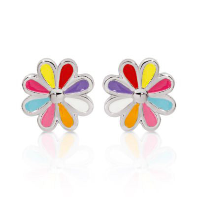 Sterling Silver Multicolour Enamel Flower Stud Earrings