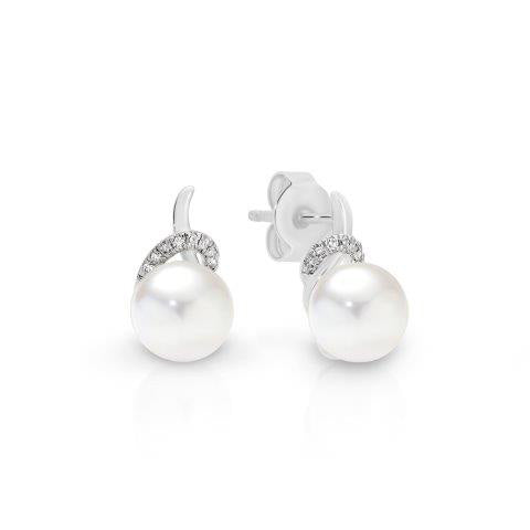 9ct White Gold Freshwater Pearl and Diamond Stud Earrings
