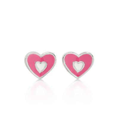Sterling Silver Double Heart Pink & White Enamel Stud Earrings