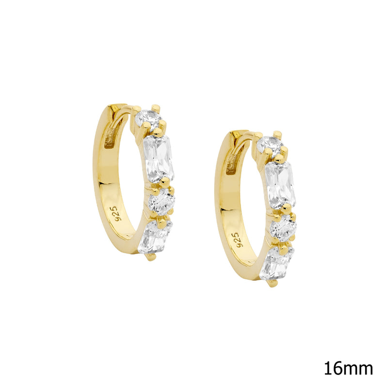 Sterling Silver Cubic Zirconia Round Baguette 16mm Hoop Earrings With Gold Plating