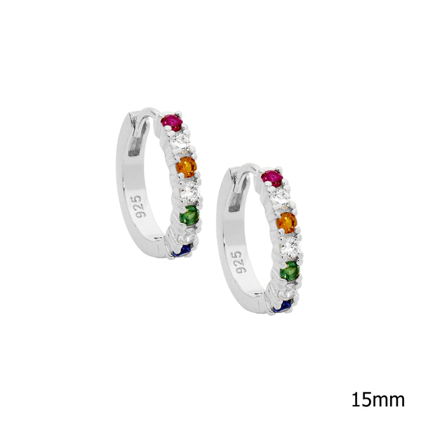 Sterling Silver & Multi Colour Cubic Zirconia 14mm Hoop Earrings 