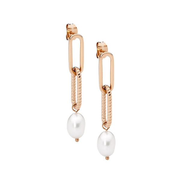 Stainless Steel PaperclIP Earrings With Freshwater Pearl & Rose Gold IP Plating 