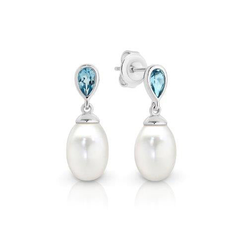 9ct White Gold Freshwater Pearl and Blue Topaz Drop Stud Earrings